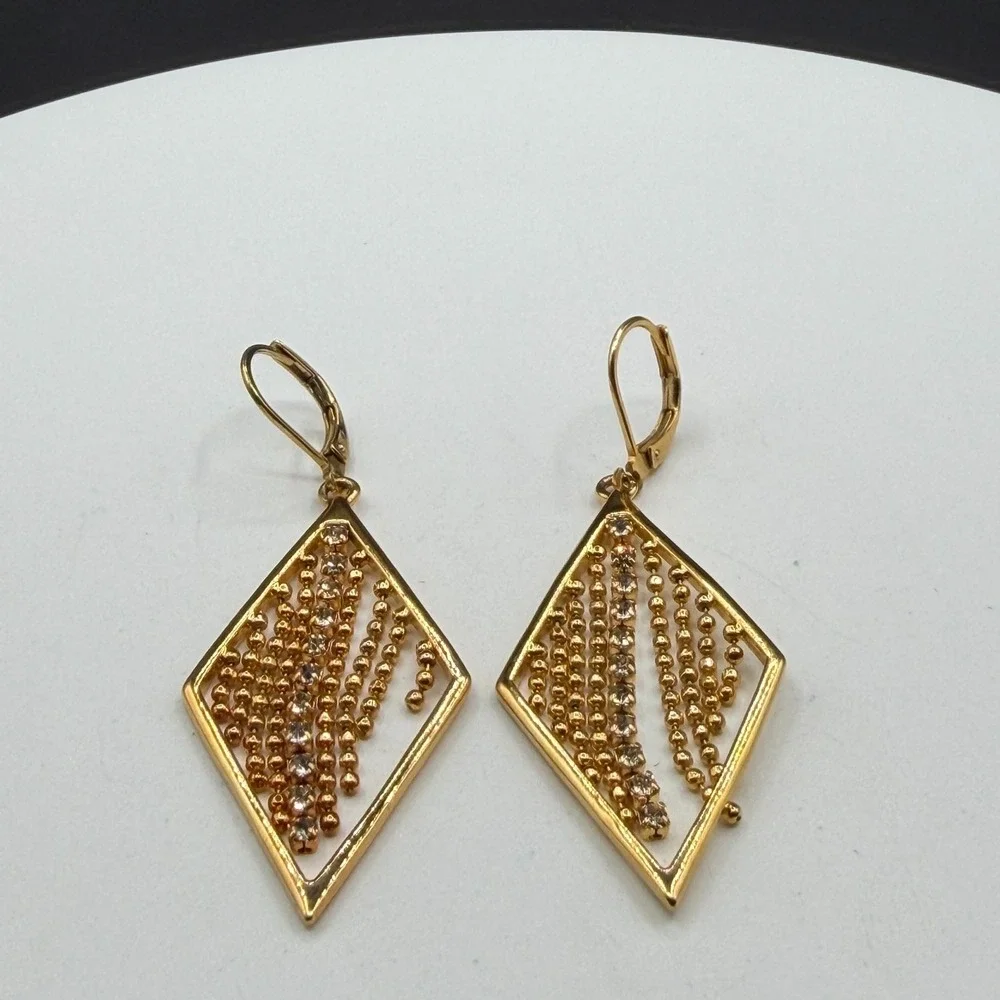 Gold Tone Rhinestone Diamond Shape Dangle Earrings Beaded Fringe Statement Party